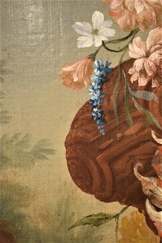 Still Life of Flowers with Putto and Fontain